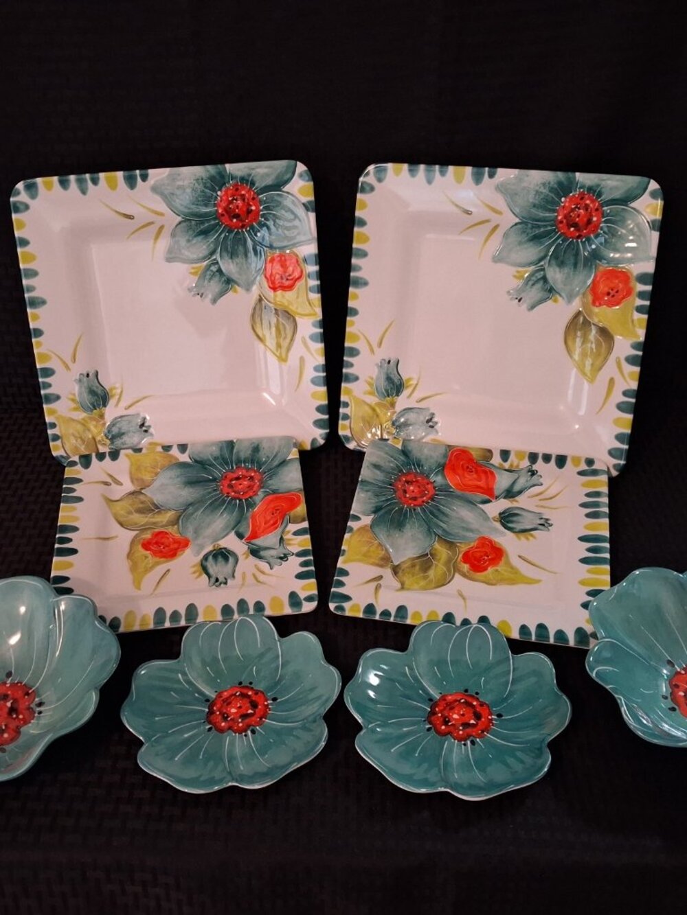 4 Laurie Gates Dinner And 4 Salad Plates Teal Floral Poppy Melamine